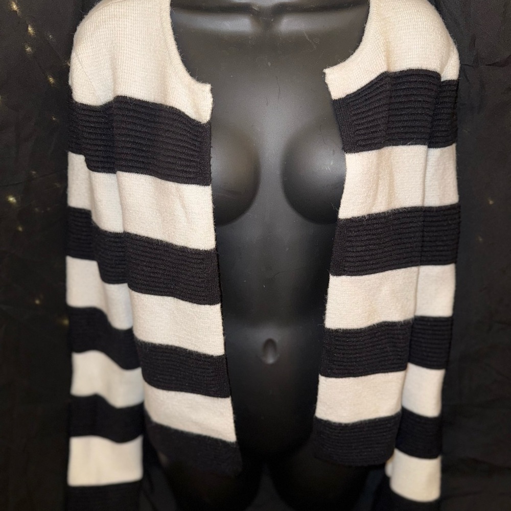 Elle Black and White Striped Cardigan Sweater